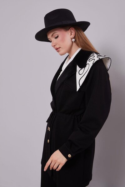 Levidor Black Double-Breasted fur collar double set