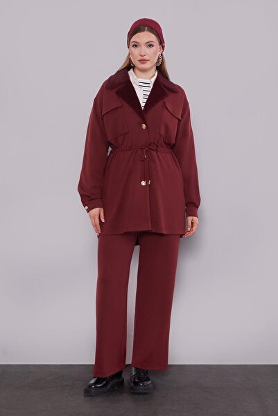 Levidor Claret Red Double-Breasted Fur Collar Double Suit