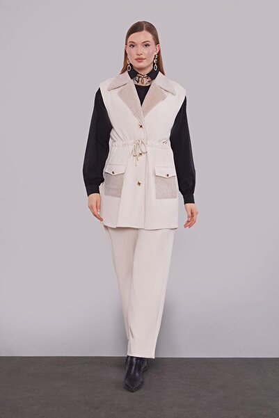 Levidor Cream Fur Collar Detailed Vest Set