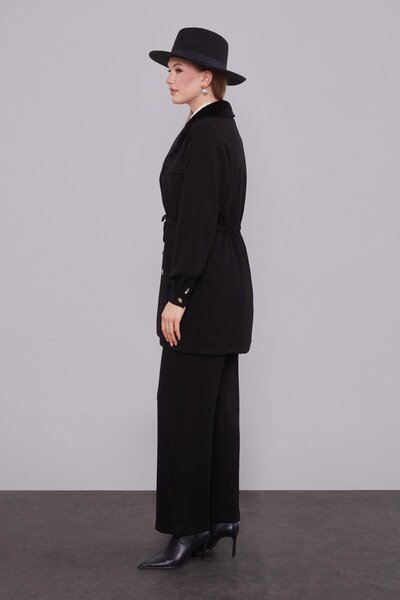 Levidor Black Double-Breasted fur collar double set