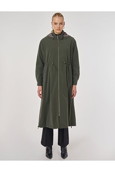 Kayra Zipper Detailed Faux Leather Anorak Coat Dark Khaki