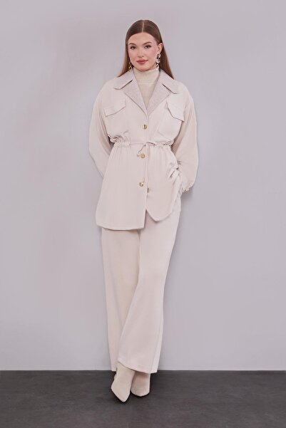 Levidor Cream Double-Breasted Fur Collar Double Suit