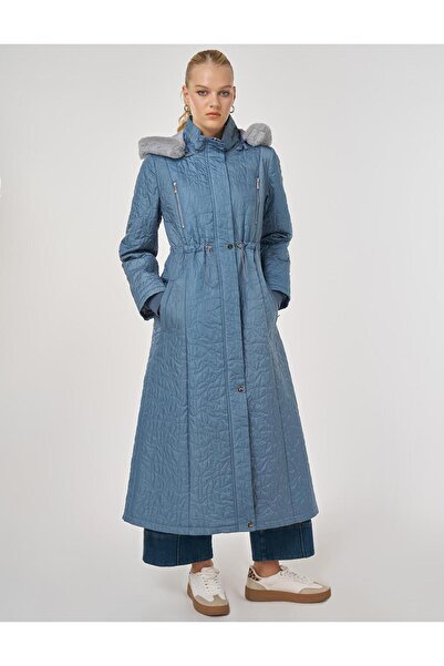 Kayra Fur Detailed Quilted Coat Dirty Blue