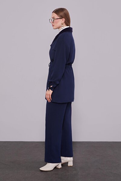 Levidor Navy blue Double-Breasted fur collar double set