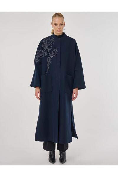 Kayra Embroidered Cashmere Coat Dark Navy Blue