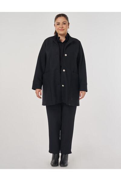 Kayra Shiny Buttoned Felt Coat Black