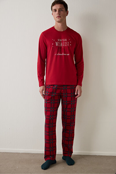 Penti Red Men's Checkered Crew Neck Oversized Pajama Set