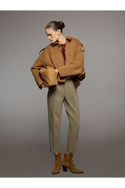 LC Waikiki Khaki Waist Belted Carrot Cut Women's Pleated Trousers