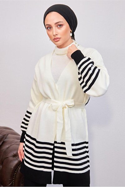 TRENDTESETTÜR Women's Black Belted Knit Cardigan t 3708-1