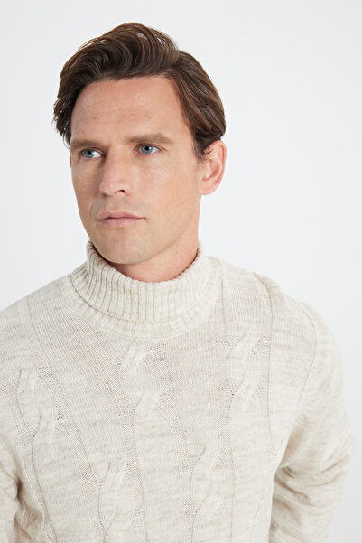 AC&Co / Altınyıldız Classics Light Beige Standard Fit Regular Cut Full Turtleneck Jacquard Knitwear Sweater