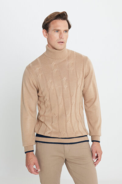 AC&Co / Altınyıldız Classics Beige Standard Fit Regular Cut Full Turtleneck Jacquard Knit Sweater