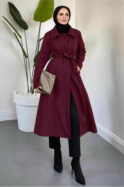 TRENDTESETTÜR Women's Burgundy Belted Coat t 6326