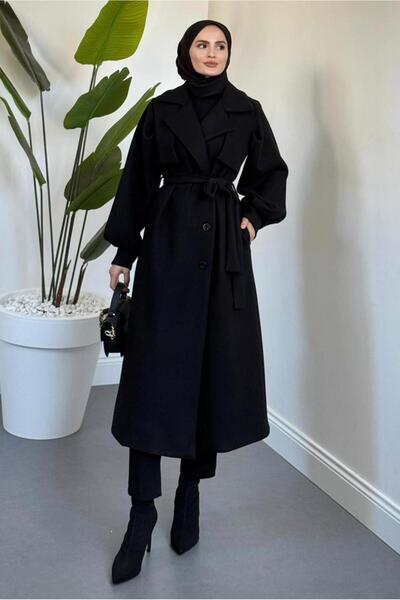 TRENDTESETTÜR Women's Black Belted Cashemere Coat t 3526