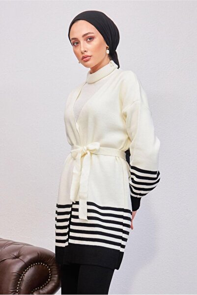 TRENDTESETTÜR Women's Black Belted Knit Cardigan t 3708-1