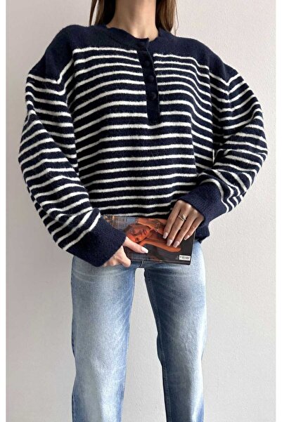 yeditepe fashion Striped Buttoned Oversized Knitwear Sweater