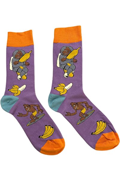 Generic Men's Dinosaur & Banana Cotton Ankle Socks - Purple/Orange/Turquoise