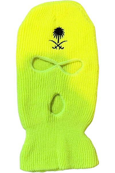 Generic Knitted Fluorescent Yellow Sports Face Mask with Eye & Mouth Openings, Palm & Swords Embroidery