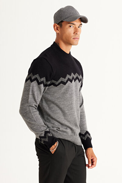AC&Co / Altınyıldız Classics Μαύρο-γκρι μελανζέ πουλόβερ με κανονική εφαρμογή και κανονική εφαρμογή με μισό ζιγκ-ζαγκ μοτίβο πλεκτό πουλόβερ
