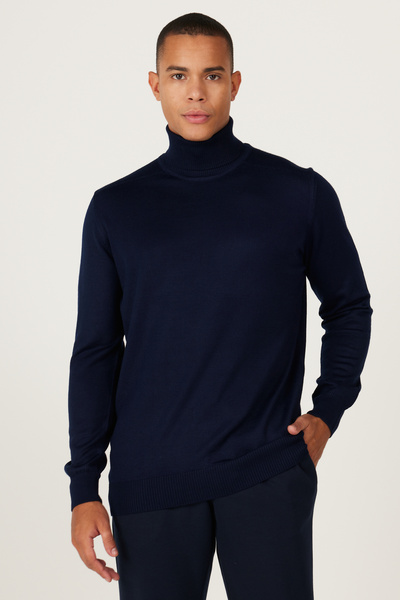 ALTINYILDIZ CLASSICS Πλεκτό πουλόβερ με λαιμόκοψη σε μπλε ναυτικό μάλλινο κορδόνι κανονικής εφαρμογής