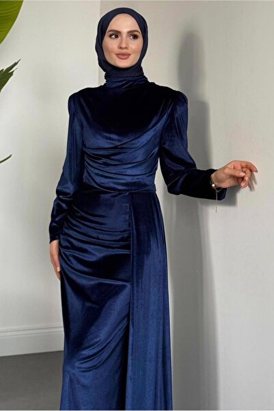 TRENDTESETTÜR Women's Navy Blue Velvet Evening Dress t 4288