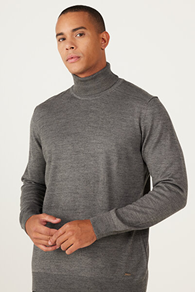 ALTINYILDIZ CLASSICS Gray Melange Wool Standard Fit Regular Cut Full Turtleneck Knit Sweater