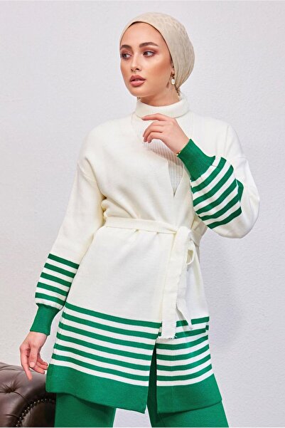 TRENDTESETTÜR Women's Green Belted Knit Cardigan t 3708-1