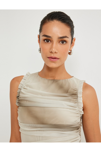 Koton Τούλι με βολάν με επένδυση ντραπέ Αμάνικο στρογγυλό λαιμόκοψη με αποχρωματική επιτροπή