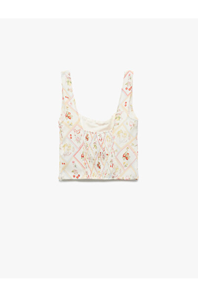 Koton Viscose Fruit Printed Floral Square Neck Crop Blouse