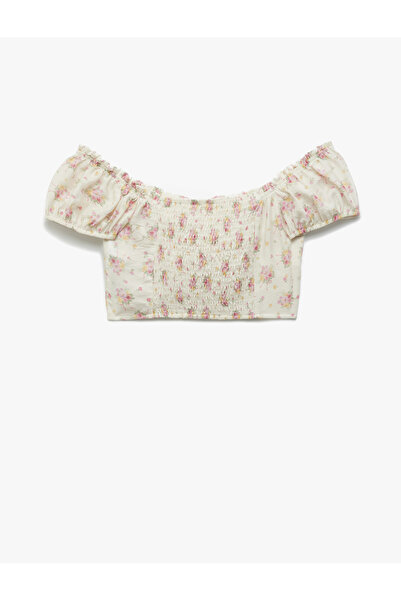 Koton Aerobin Viscose Fabric Fake Sleeve Off Shoulder Floral Crop Blouse