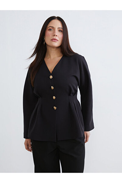 LC Waikiki Black Plus Size V-Neck Women's Jacket