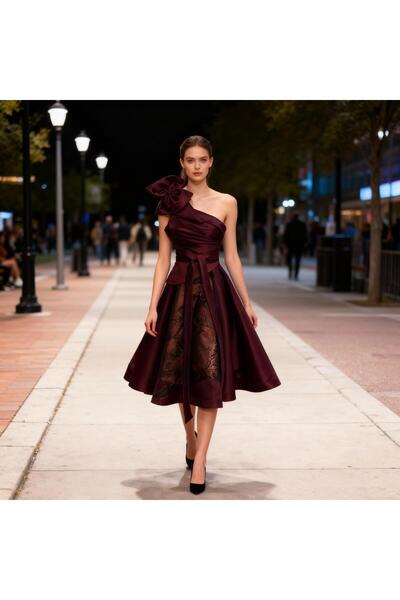Generic Luxury Mikado midi evening dress - Modern one-shoulder design with a 3D rose - Elegant look