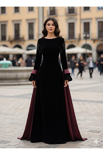 Generic Luxurious wool and Mikado evening gown - hand-embroidered crystals on the sleeves - elegant royal design in black and burgundy