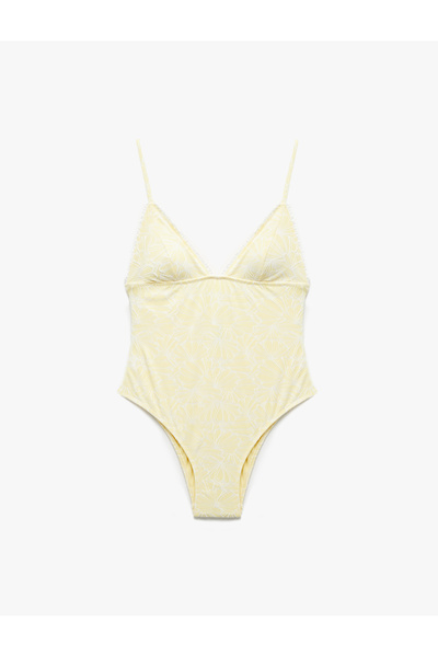 Koton Floral Textured Thin Strap Swimsuit