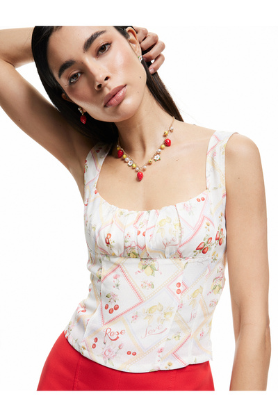 Koton Viscose Fruit Printed Floral Square Neck Crop Blouse