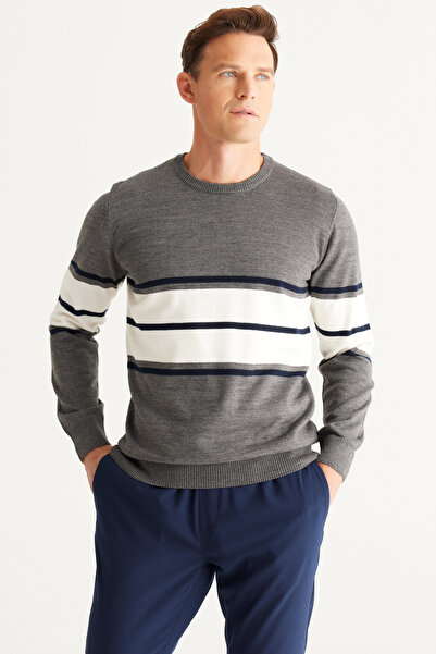 ALTINYILDIZ CLASSICS Gray-Dark Blue Wool Standard Fit Regular Cut Crew Neck Striped Knitwear Sweater