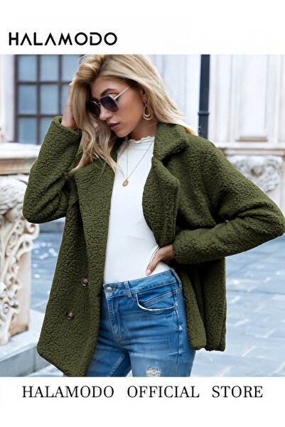 HALAMODO Women's Winter Faux Fur Coats Long Sleeve Lapel Button Down Pockets Fleece Sherpa Jacket Outerwear