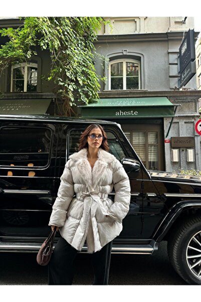 jumemas Lüks Kürk Yakalı, Bel Kemerli Premium Şişme Mont -