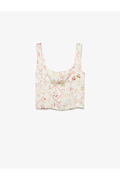 Koton Viscose Fruit Printed Floral Square Neck Crop Blouse