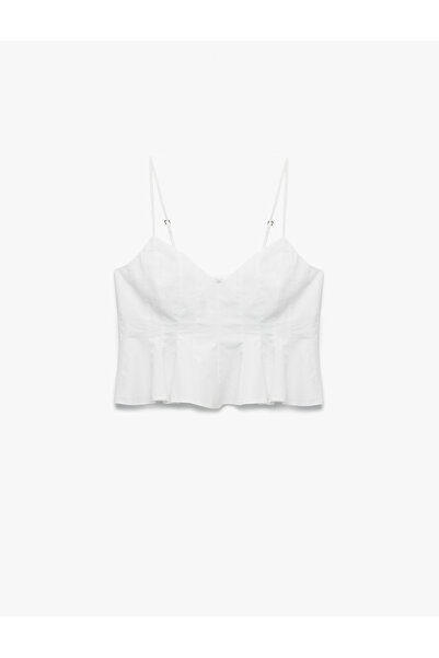 Koton Flounce V-Neck Cotton Suspender Slim Fit Stitch Detailed Crop Blouse