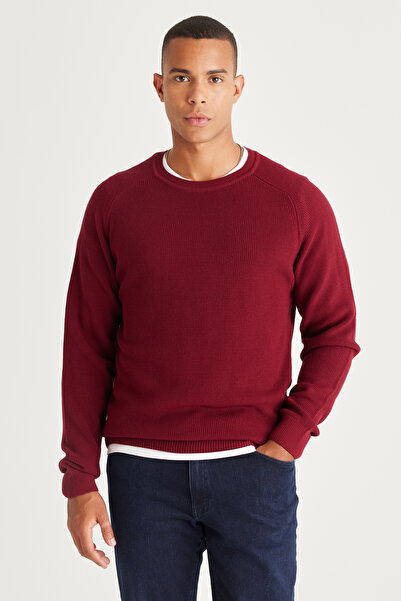 AC&Co / Altınyıldız Classics Burgundy Standard Fit Regular Cut Crew Neck Patterned Knitwear Sweater