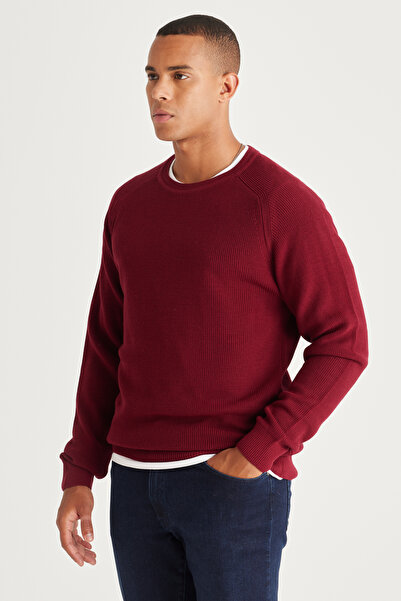AC&Co / Altınyıldız Classics Burgundy Standard Fit Regular Cut Crew Neck Patterned Knitwear Sweater