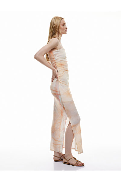 Koton Drape Detailed Lined Abstract Patterned Slim Fit Long Strapless Dress