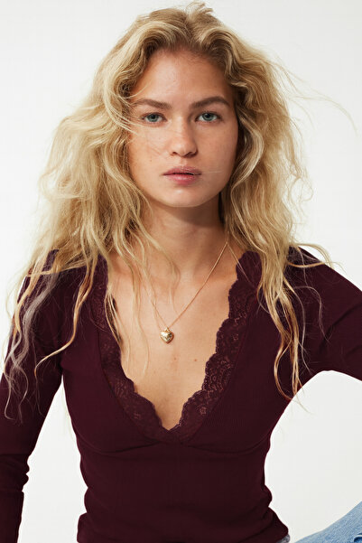 VODENS Σκούρο μπορντό μπλούζα με λαιμόκοψη σε σχήμα V με κορδέλα από δαντέλα 95% βαμβάκι