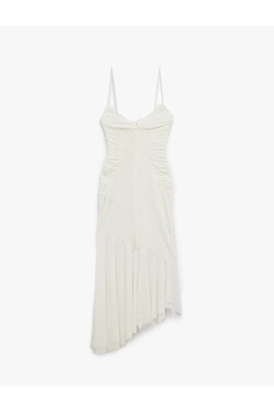 Koton Ασύμμετρο βραδινό φόρεμα με λουράκια από τούλι και δαντέλα