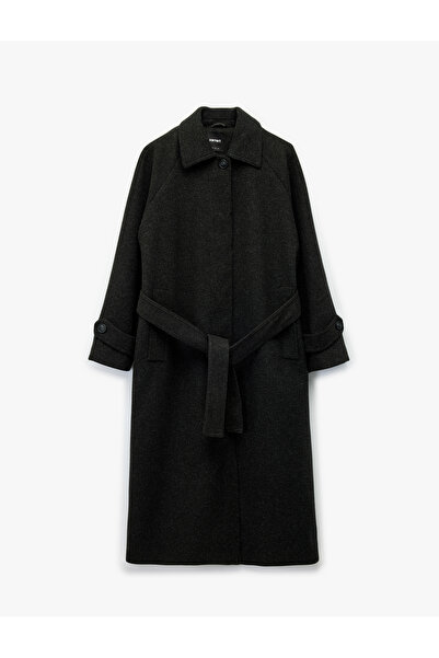 Koton Long Belted Cashmere Coat Long Sleeve Buttoned with Pockets