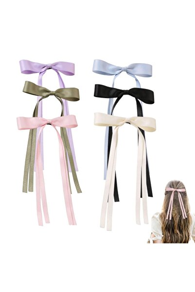 JZS Hair Bows Ribbon 6 Pcs Long Silky Satin Clip with Tail