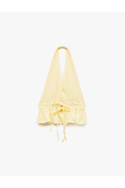 Koton Slim Fit Ruffled Sleeveless Viscose Blend Halter Neck Crop Blouse with Back Detail