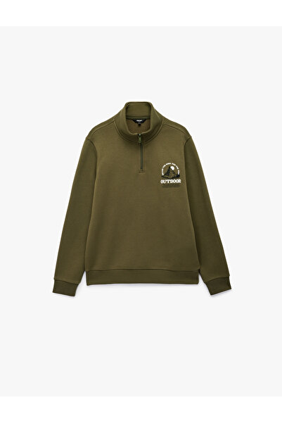 Koton Printed Half Zipper Fleece-Lined Long Sleeve Mock Neck Sweatshirt