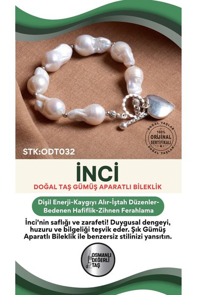 OSMANLI DEĞERLİ TAŞ Sertifikalı İnci Doğal Taş Gümüş Aparatlı Bileklik ODT032