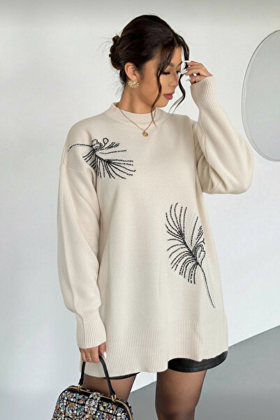 NEWCO Stone Printed Leaf Themed Knitwear Tunic Sweater with Side Slit Detail